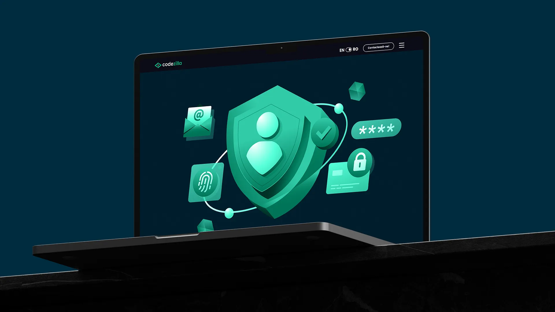 Laptop with a 3D illustration of a cybersecurity shield, surrounded by icons representing authentication, password protection, and data security