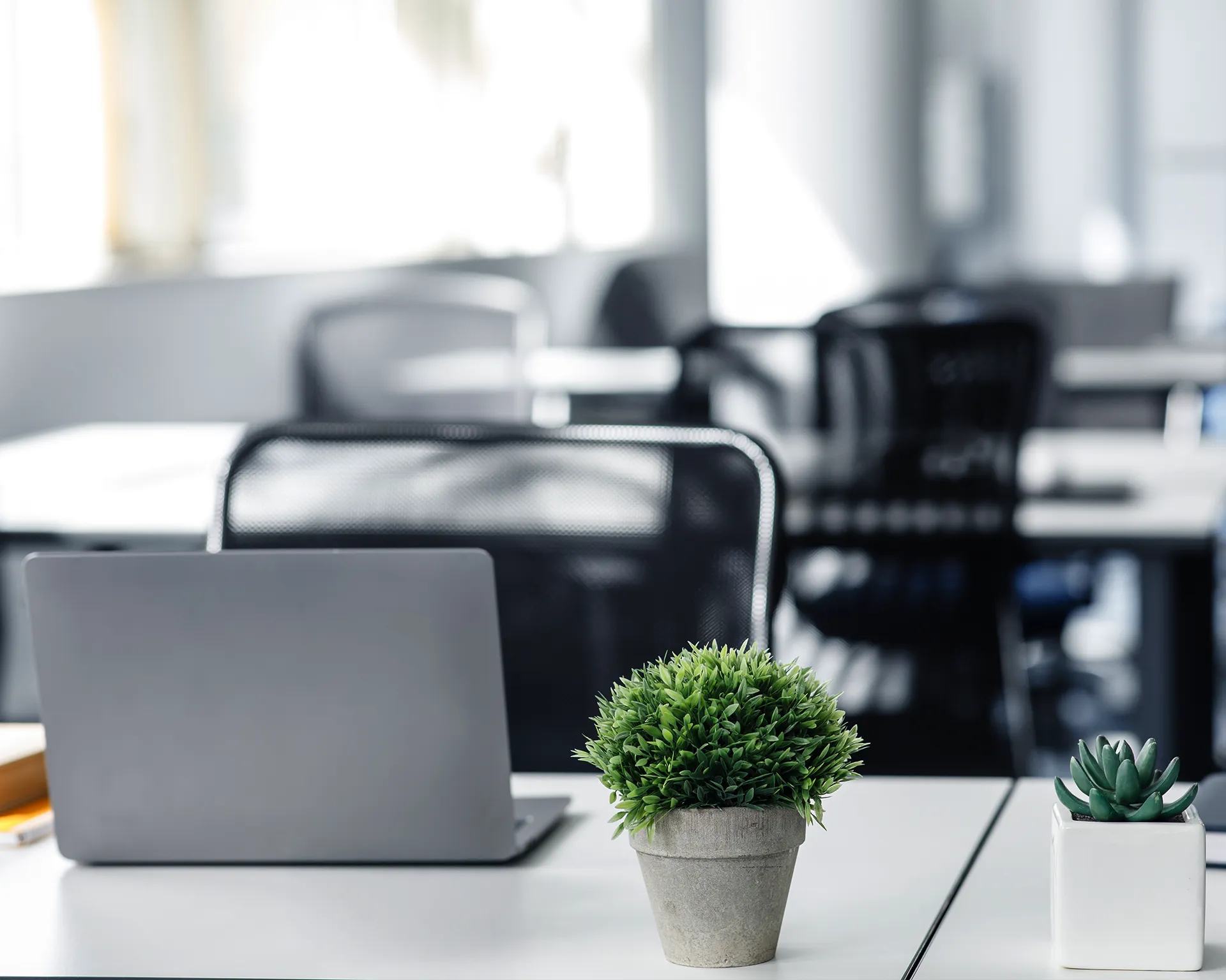 Workspace with modern desks and performance-driven teams